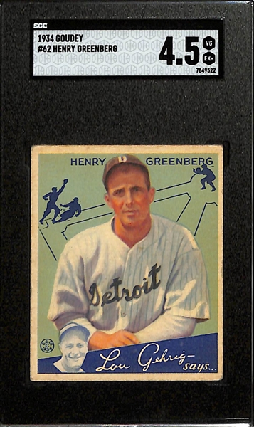 1934 Goudey #62 Henry Hank Greenberg Rookie Card Graded SGC 4.5
