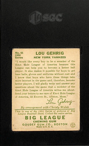 1934 Goudey #61 Lou Gehrig Graded SGC 2.5