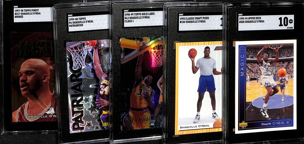 Lot of (5) SGC Graded Shaquille O'Neal Cards inc. 1993-94 Upper Deck (SGC 10), 1993 Classic Draft Picks Rookie (SGC 10), 1998-99 Gold Label Class 1 (SGC 9.5), +