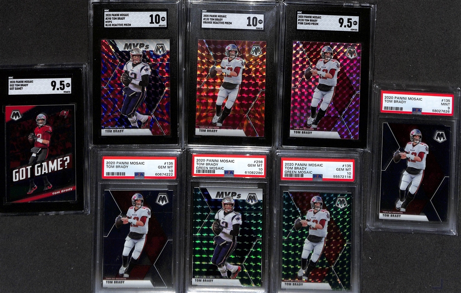 Lot of (8) Graded 2020 Tom Brady Panini Mosaic Cards w. Panini Mosaic MVPs Tom Brady Blue Reactive Prizm SGC 10