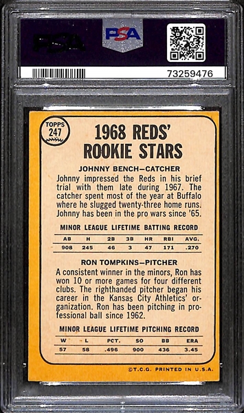 1968 Topps Baseball Johnny Bench Rookie Stars Card #247 PSA 3