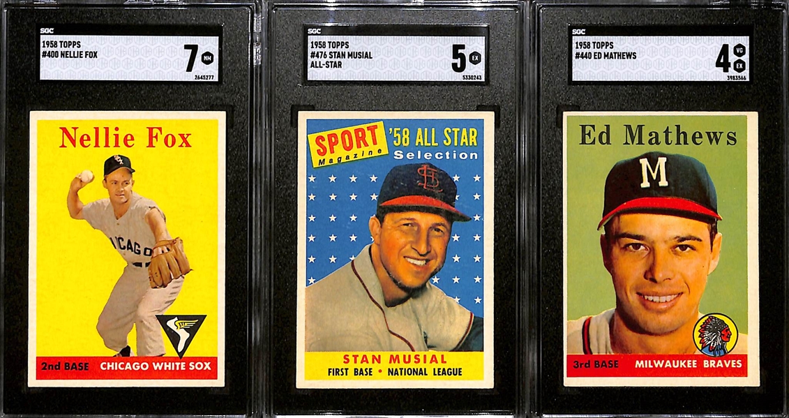 Lot of (3) 1958 Topps Cards - Nellie Fox (SGC 7), Stan Musial All-Star (SGC 5), Eddie Mathews (SGC 4)