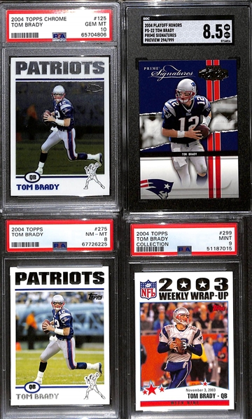 Lot of (4) Graded 2004 Tom Brady Cards w. Topps Chrome PSA 10 & Playoff Honors PS-22 Prime Signatures Preview (#/999) SGC 8.5