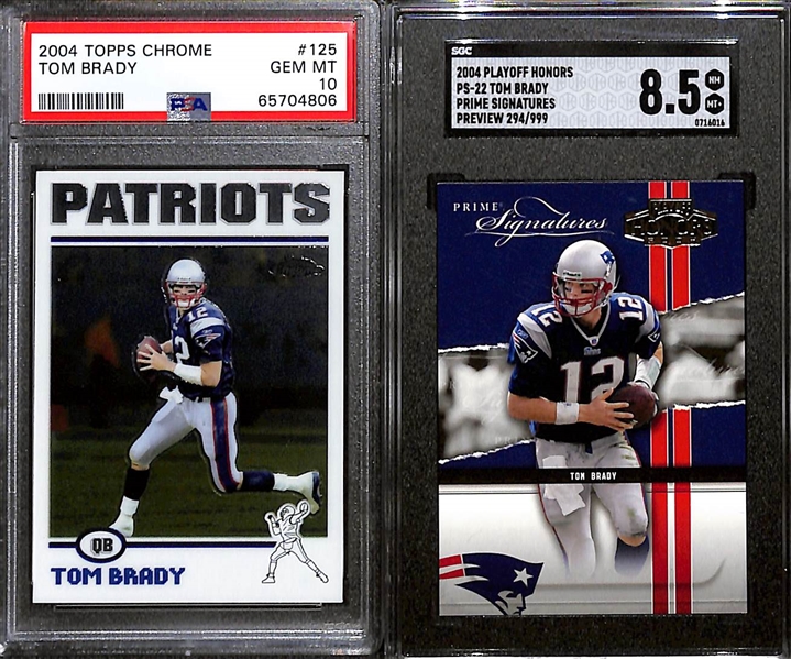 Lot of (4) Graded 2004 Tom Brady Cards w. Topps Chrome PSA 10 & Playoff Honors PS-22 Prime Signatures Preview (#/999) SGC 8.5