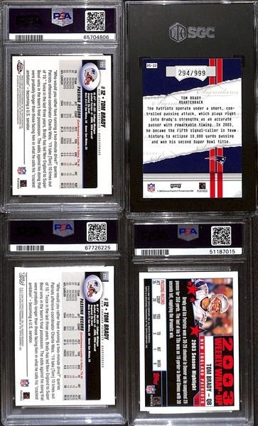 Lot of (4) Graded 2004 Tom Brady Cards w. Topps Chrome PSA 10 & Playoff Honors PS-22 Prime Signatures Preview (#/999) SGC 8.5