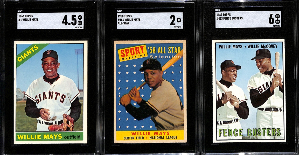 (3) Graded Willie Mays Cards - 1966 #1 (SGC 4.5), 1958 All-Star #486 (SGC 2), 1967 Fence Busters #423 (SGC 6)