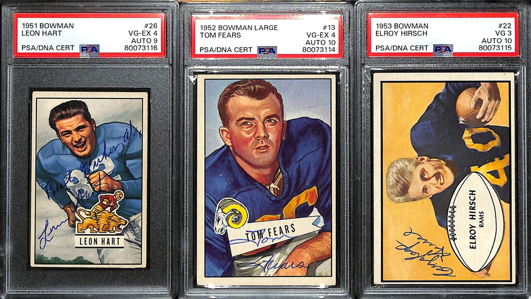 Lot of (3) 1950s Bowman Football PSA DNA Authentic Autograph Cards- 1951 Leon Hart (PSA 4) (9 Auto), 1922 Large Tom Fears (PSA 4) (10 Auto), 1953 Elroy Hirsch (PSA 3) (10 Auto)