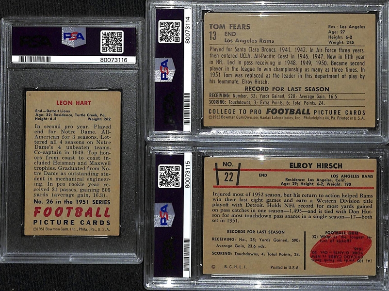 Lot of (3) 1950s Bowman Football PSA DNA Authentic Autograph Cards- 1951 Leon Hart (PSA 4) (9 Auto), 1922 Large Tom Fears (PSA 4) (10 Auto), 1953 Elroy Hirsch (PSA 3) (10 Auto)