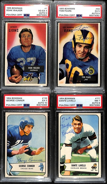 Lot of (4) PSA DNA Authentic Bowman Football Hall of Fame Autographs - 1955 Doak Walker (PSA 4) (9 Auto) 1955 Tom Fears (PSA 5) (9 Auto), 1954 George Connor (PSA 5) (10 Auto), 1954 Dante Lavelli...