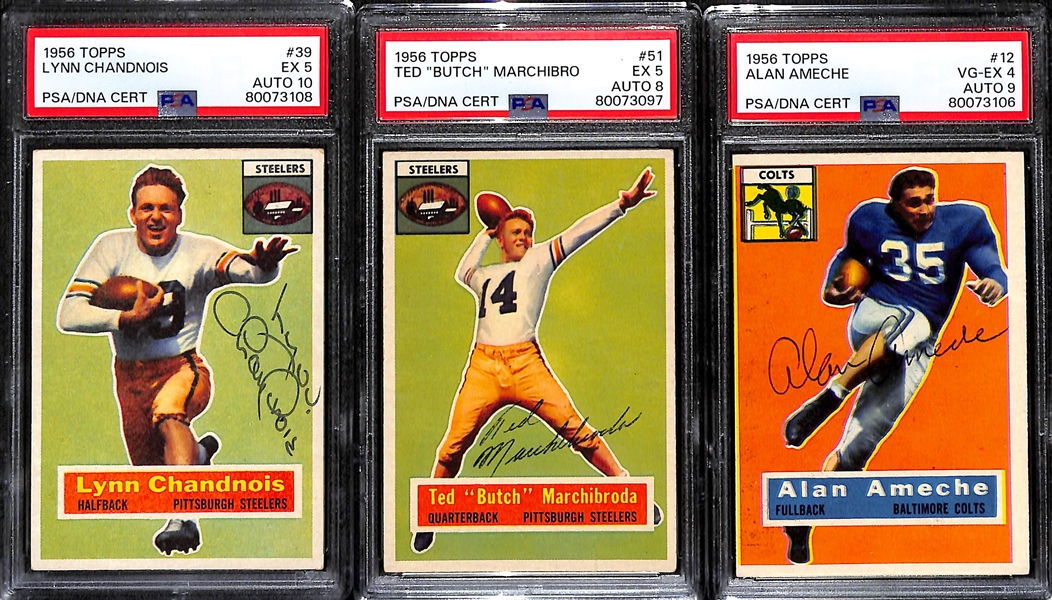 Lot of (3) PSA DNA Authentic 1956 Topps Football Autographs- Lynn Chandnois (PSA 5) (10 Auto), Ted Butch Marchibroda (PSA 5) (8 Auto), Alan Ameche (PSA 4) (9 Auto)