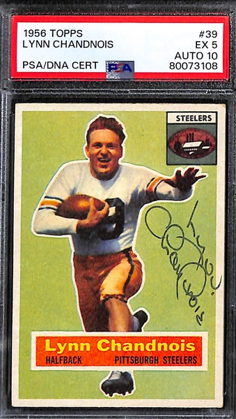 Lot of (3) PSA DNA Authentic 1956 Topps Football Autographs- Lynn Chandnois (PSA 5) (10 Auto), Ted Butch Marchibroda (PSA 5) (8 Auto), Alan Ameche (PSA 4) (9 Auto)