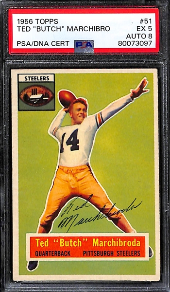 Lot of (3) PSA DNA Authentic 1956 Topps Football Autographs- Lynn Chandnois (PSA 5) (10 Auto), Ted Butch Marchibroda (PSA 5) (8 Auto), Alan Ameche (PSA 4) (9 Auto)