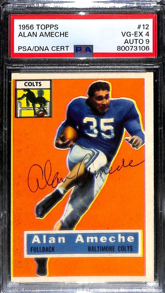 Lot of (3) PSA DNA Authentic 1956 Topps Football Autographs- Lynn Chandnois (PSA 5) (10 Auto), Ted Butch Marchibroda (PSA 5) (8 Auto), Alan Ameche (PSA 4) (9 Auto)