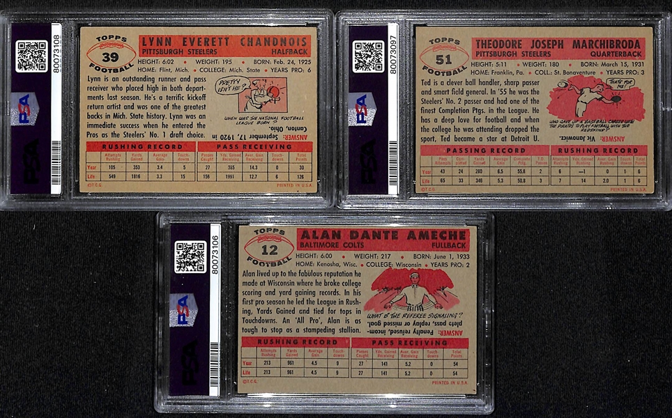 Lot of (3) PSA DNA Authentic 1956 Topps Football Autographs- Lynn Chandnois (PSA 5) (10 Auto), Ted Butch Marchibroda (PSA 5) (8 Auto), Alan Ameche (PSA 4) (9 Auto)