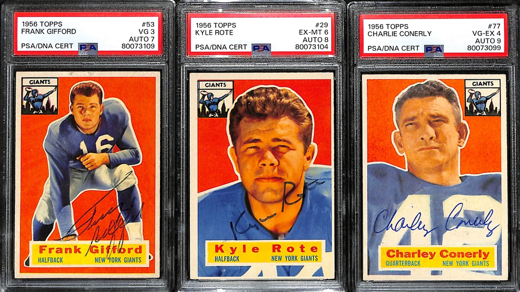 Lot of (3) PSA DNA Authentic 1956 Topps Football Autographs- Frank Gifford (PSA 3) (7 Auto), Kyle Rote (PSA 6) (8 Auto), Charlie Conerly (PSA 4) (9 Auto)