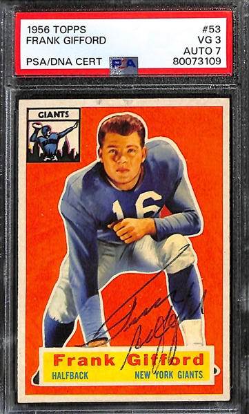 Lot of (3) PSA DNA Authentic 1956 Topps Football Autographs- Frank Gifford (PSA 3) (7 Auto), Kyle Rote (PSA 6) (8 Auto), Charlie Conerly (PSA 4) (9 Auto)