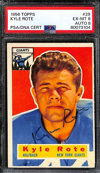 Lot of (3) PSA DNA Authentic 1956 Topps Football Autographs- Frank Gifford (PSA 3) (7 Auto), Kyle Rote (PSA 6) (8 Auto), Charlie Conerly (PSA 4) (9 Auto)