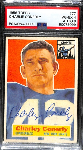 Lot of (3) PSA DNA Authentic 1956 Topps Football Autographs- Frank Gifford (PSA 3) (7 Auto), Kyle Rote (PSA 6) (8 Auto), Charlie Conerly (PSA 4) (9 Auto)