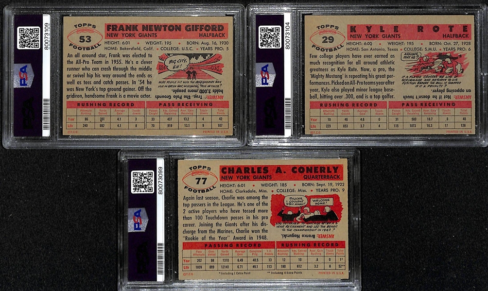 Lot of (3) PSA DNA Authentic 1956 Topps Football Autographs- Frank Gifford (PSA 3) (7 Auto), Kyle Rote (PSA 6) (8 Auto), Charlie Conerly (PSA 4) (9 Auto)