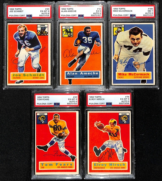 Lot of (5) PSA DNA Authentic 1956 Topps Football Autographs- Joe Schmidt Rookie (PSA 6) (8 Auto), Alan Ameche (PSA 5) (9 Auto), Mike McCormack (PSA 7) (8 Auto), Tom Fears (PSA 6) (9 Auto), Elroy...