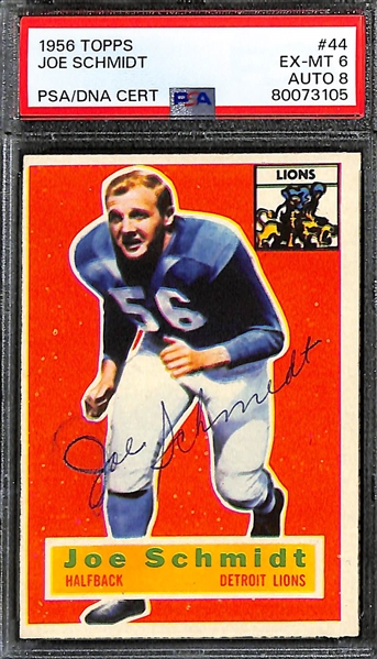 Lot of (5) PSA DNA Authentic 1956 Topps Football Autographs- Joe Schmidt Rookie (PSA 6) (8 Auto), Alan Ameche (PSA 5) (9 Auto), Mike McCormack (PSA 7) (8 Auto), Tom Fears (PSA 6) (9 Auto), Elroy...