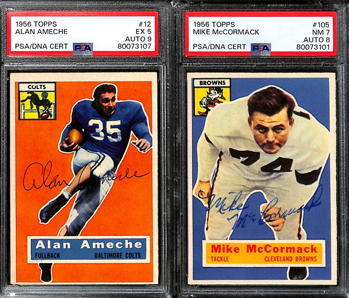 Lot of (5) PSA DNA Authentic 1956 Topps Football Autographs- Joe Schmidt Rookie (PSA 6) (8 Auto), Alan Ameche (PSA 5) (9 Auto), Mike McCormack (PSA 7) (8 Auto), Tom Fears (PSA 6) (9 Auto), Elroy...