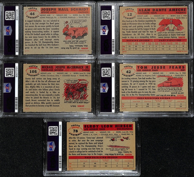 Lot of (5) PSA DNA Authentic 1956 Topps Football Autographs- Joe Schmidt Rookie (PSA 6) (8 Auto), Alan Ameche (PSA 5) (9 Auto), Mike McCormack (PSA 7) (8 Auto), Tom Fears (PSA 6) (9 Auto), Elroy...