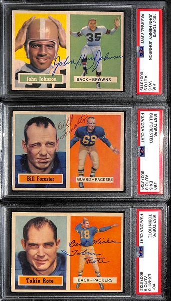 Lot of (3) PSA DNA Authentic 1957 Topps Football Autographs- John Henry Johnson (PSA 3) (9 Auto), Bill Forester (PSA 5) (8 Auto), Tobin Rote (PSA 6) (9 Auto)