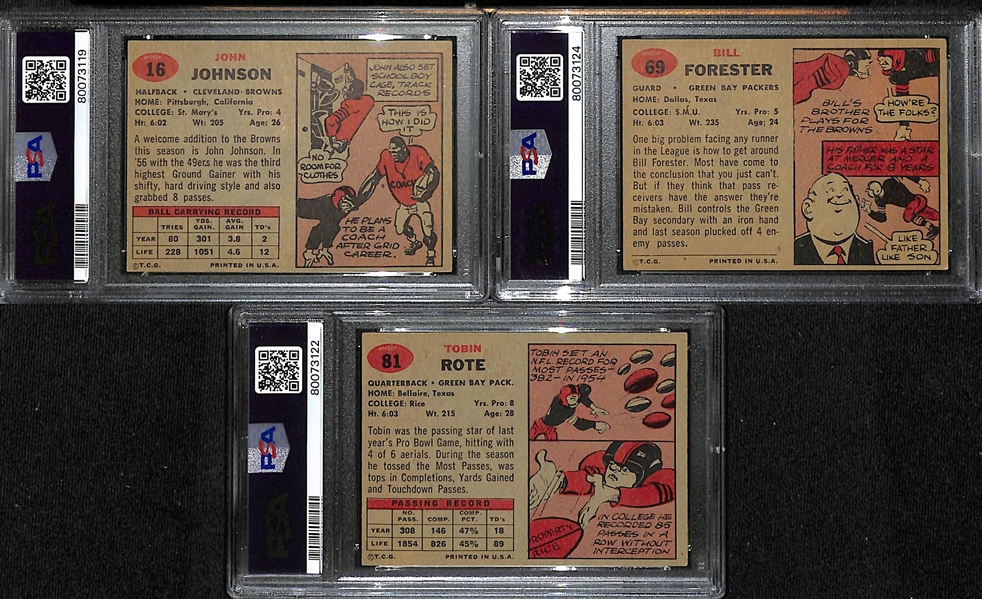 Lot of (3) PSA DNA Authentic 1957 Topps Football Autographs- John Henry Johnson (PSA 3) (9 Auto), Bill Forester (PSA 5) (8 Auto), Tobin Rote (PSA 6) (9 Auto)