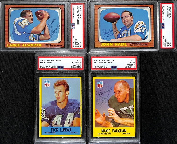 Lot of (4) PSA DNA Authentic 1960s Football Autographs- 1966 Topps Lance Alworth (PSA 3) (9 Auto), 1966 Topps John Hadl (PSA 5) (9 Auto), 1967 Philadelphia Dick LeBeau (PSA 6) (8 Auto), Maxie...