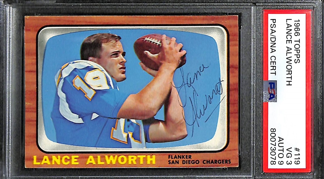 Lot of (4) PSA DNA Authentic 1960s Football Autographs- 1966 Topps Lance Alworth (PSA 3) (9 Auto), 1966 Topps John Hadl (PSA 5) (9 Auto), 1967 Philadelphia Dick LeBeau (PSA 6) (8 Auto), Maxie...