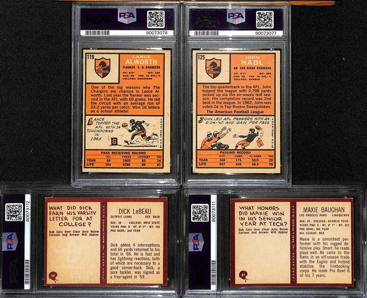 Lot of (4) PSA DNA Authentic 1960s Football Autographs- 1966 Topps Lance Alworth (PSA 3) (9 Auto), 1966 Topps John Hadl (PSA 5) (9 Auto), 1967 Philadelphia Dick LeBeau (PSA 6) (8 Auto), Maxie...