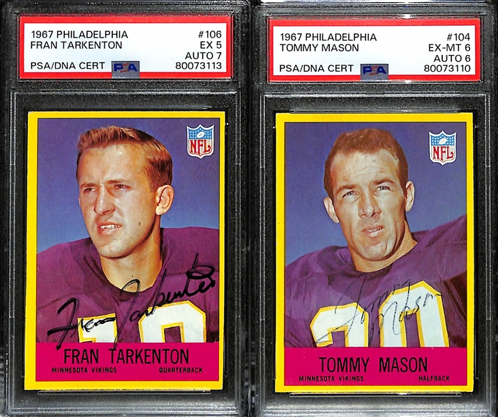 Lot of (2) PSA DNA 1967 Philadelphia Autographs- Fran Tarkenton (PSA 5) (7 Auto), Tommy Mason (PSA 6) (6 Auto)