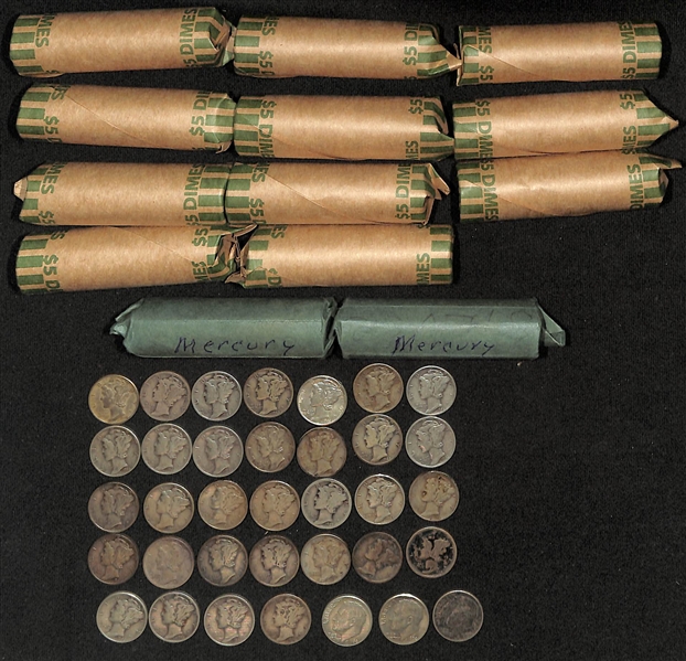 Lot of (11) US Silver Roosevelt Dime Rolls, (2) Mercury Silver Dime Rolls, & (32) Additional Mercury Dimes