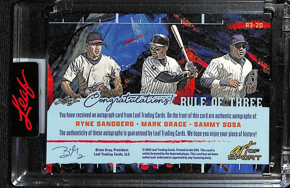 2023 Leaf Art of Sport Ryne Sandberg/Mark Grace/Sammy Sosa Triple Autograph (#/12)