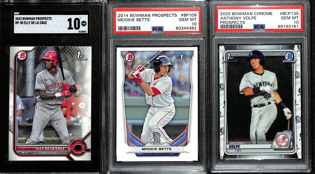 Lot of (3) Graded 1st Bowman Rookie Cards- 2022 Bowman Elly De La Cruz (SGC 10), 2014 Bowman Chrome Mookie Betts (PSA 10), 2020 Bowman Chrome Anthony Volpe (PSA 10)