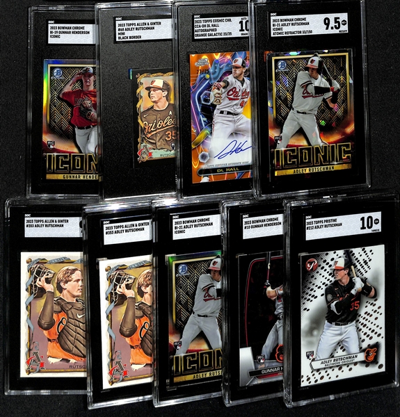 Lot of (9) SGC Graded 2023 Baltimore Orioles Rookies inc. Bowman Chrome Adley Rutschman Iconic Atomic (SGC 9.5) (#/150), Topps Chrome Cosmic DL Hall Autograph Orange (SGC 10) (10 Auto) (#/25),+