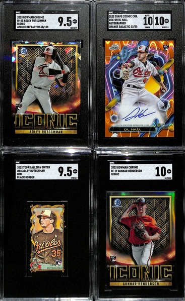 Lot of (9) SGC Graded 2023 Baltimore Orioles Rookies inc. Bowman Chrome Adley Rutschman Iconic Atomic (SGC 9.5) (#/150), Topps Chrome Cosmic DL Hall Autograph Orange (SGC 10) (10 Auto) (#/25),+