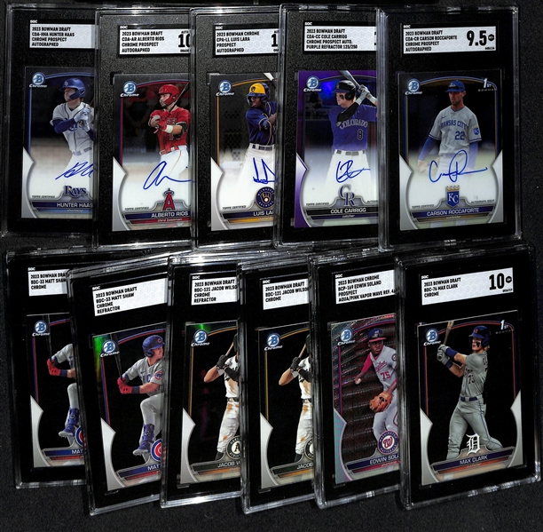 Lot of (11) SGC Graded 2023 Bowman Chrome Rookies inc. Draft Carson Roccaforte Autograph (SGC 9.5), Draft Cole Carrigg Autograph Purple Refractor (SGC 10) (#/250), +