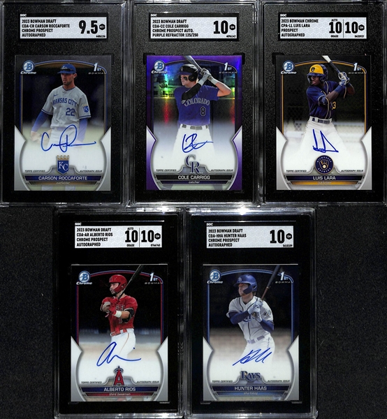 Lot of (11) SGC Graded 2023 Bowman Chrome Rookies inc. Draft Carson Roccaforte Autograph (SGC 9.5), Draft Cole Carrigg Autograph Purple Refractor (SGC 10) (#/250), +