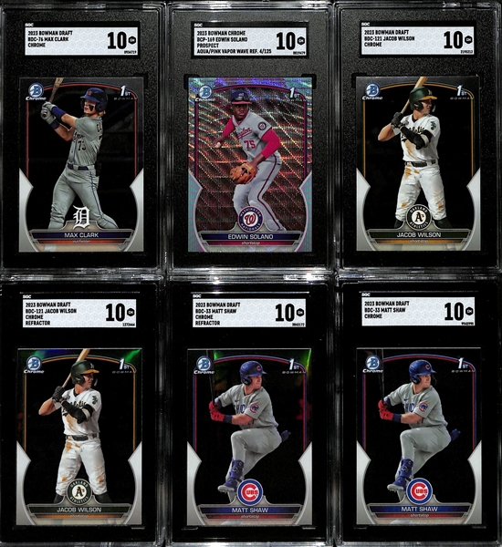 Lot of (11) SGC Graded 2023 Bowman Chrome Rookies inc. Draft Carson Roccaforte Autograph (SGC 9.5), Draft Cole Carrigg Autograph Purple Refractor (SGC 10) (#/250), +