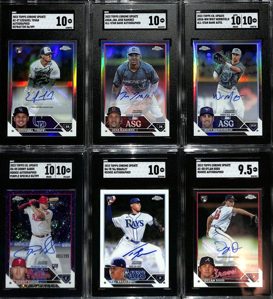 Lot of (6) SGC Graded 2023 Topps Chrome Update Autographs inc. Ezequiel Tovar Rookie Refractor (SGC 10) (#/499), Jose Ramirez (SGC 10), +