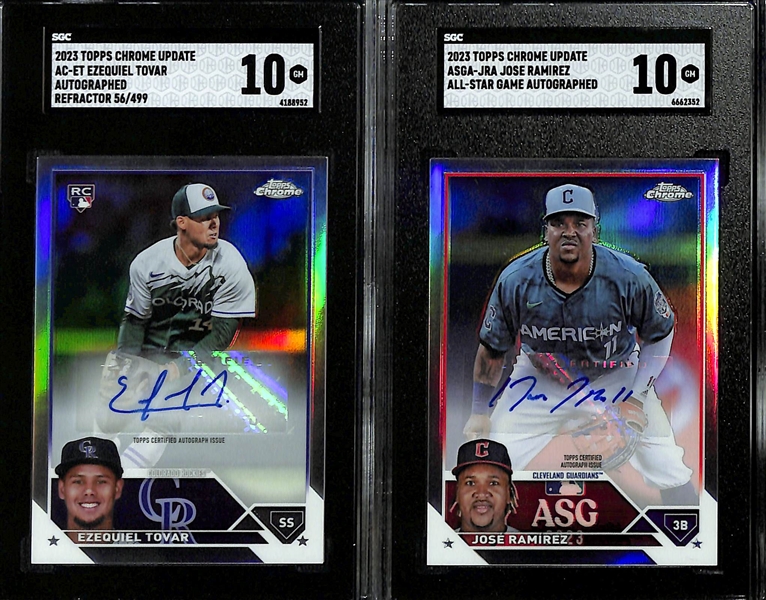 Lot of (6) SGC Graded 2023 Topps Chrome Update Autographs inc. Ezequiel Tovar Rookie Refractor (SGC 10) (#/499), Jose Ramirez (SGC 10), +