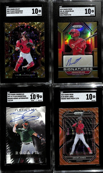 Lot of (13) Graded Baseball Cards inc: 2021 Panini Tyler Stephenson Rookie Gold Disco (SGC 10) (#/10), 2023 Prizm Johan Rojas Rookie Autograph Gold (SGC 10) (#/10) +