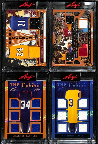 Lot of (4) 2023 Leaf Art of Sport Basketball Jersey Patch Cards inc. Kobe Bryant/Kevin Garnett Dual (#/30), O'Neal/Olajuwon/Ewing/Robinson Quad (#/35),+