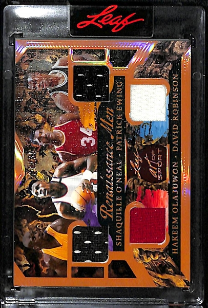 Lot of (4) 2023 Leaf Art of Sport Basketball Jersey Patch Cards inc. Kobe Bryant/Kevin Garnett Dual (#/30), O'Neal/Olajuwon/Ewing/Robinson Quad (#/35),+