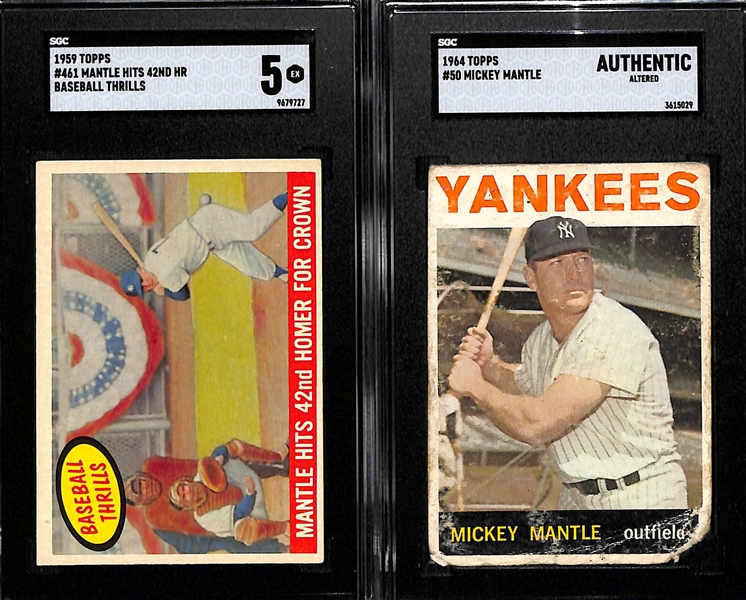 Lot of (2) SGC Graded Mickey Mantles- 1959 Topps Baseball Thrills (SGC 5), 1964 Topps (SGC Authentic)