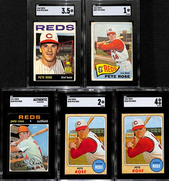 Lot of (5) SGC Graded Pete Rose Topps Cards- 1964 (SGC 3.5), 1965 (SGC 1), 1971 (SGC Authentic), 1968 (SGC 2), 1968 (SGC 4)