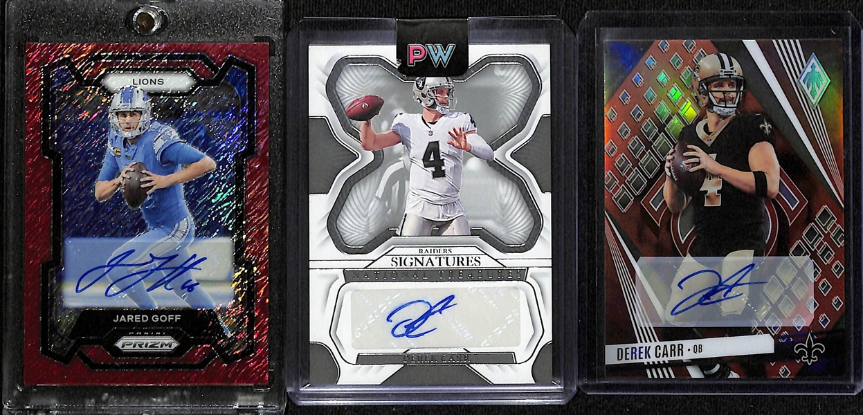 Lot of (3) Quarterback Autographs Cards- 2023 Prizm Jared Goff Red Shimmer (#/35), 2022 National Treasures Derek Carr, 2023 Phoenix Derek Carr Orange (#/20)