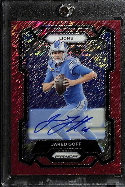 Lot of (3) Quarterback Autographs Cards- 2023 Prizm Jared Goff Red Shimmer (#/35), 2022 National Treasures Derek Carr, 2023 Phoenix Derek Carr Orange (#/20)